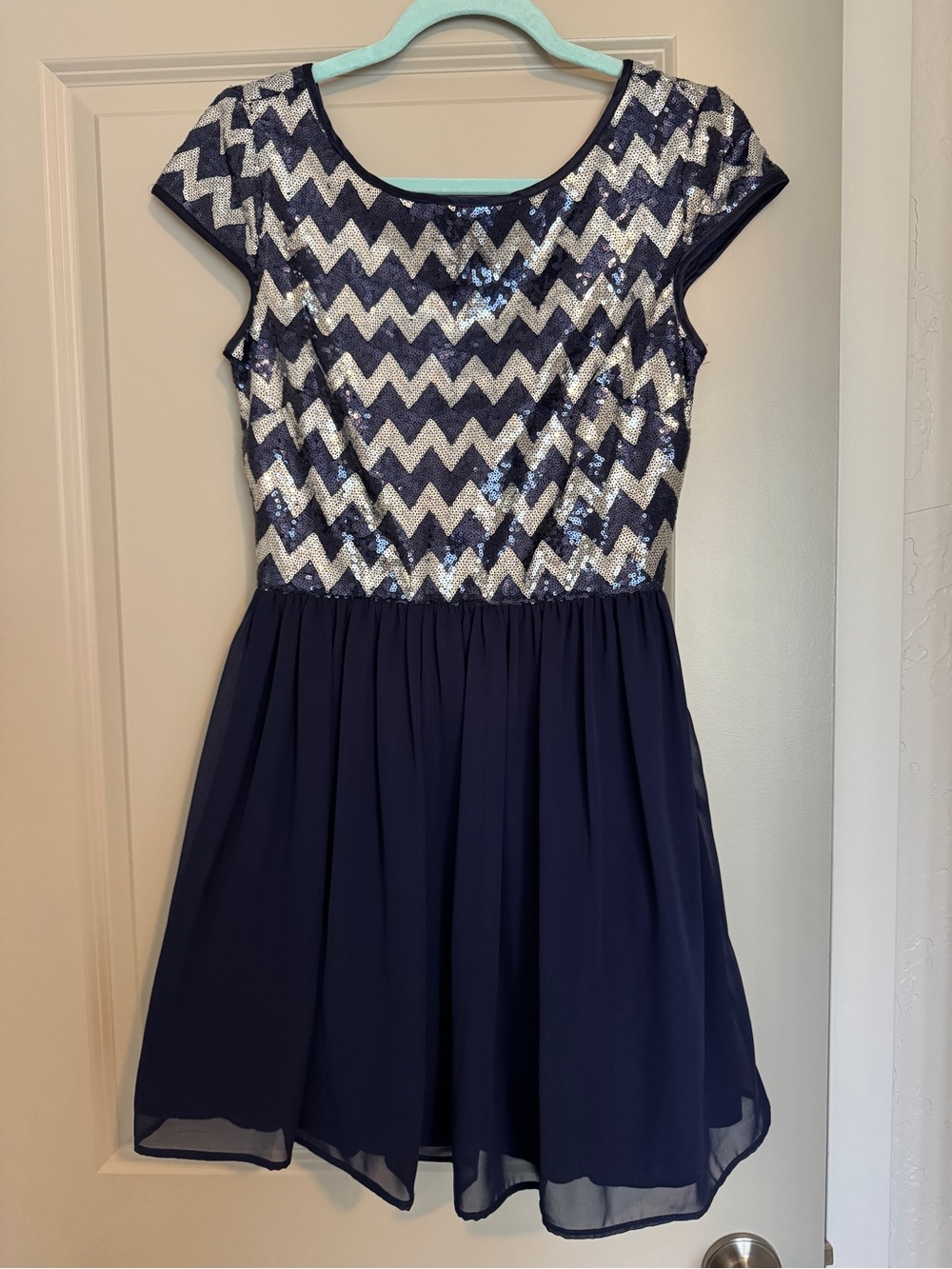B Darlin Navy and Silver Sequin Chevron Party Dress